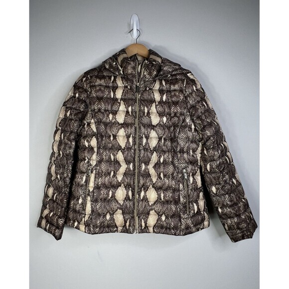 Calvin Klein Sz M Down Packable Coat Y2K Snakeskin Brown Leopard Warm Comfy - Picture 1 of 9